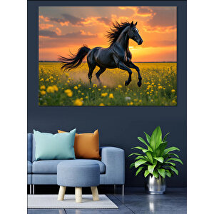Koşan Siyah At Dekoratif Kanvas - Mdf Ahşap Tablo
