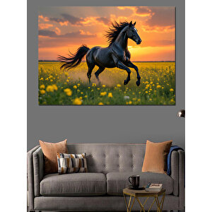 Koşan Siyah At Dekoratif Kanvas - Mdf Ahşap Tablo 100x140 cm