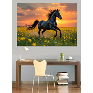 Koşan Siyah At Dekoratif Kanvas - Mdf Ahşap Tablo 100x140 cm