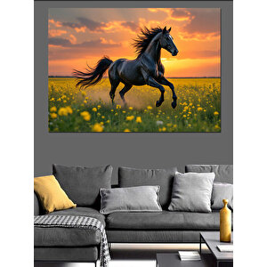 Koşan Siyah At Dekoratif Kanvas - Mdf Ahşap Tablo 100x140 cm