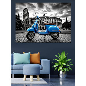 Roma’da Mavi Scooter Dekoratif Kanvas - Mdf Ahşap Tablo 100x140 cm