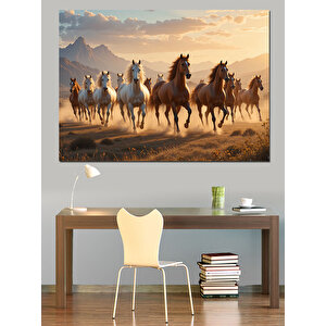 Koşan Vahşi At Sürüsü Dekoratif Kanvas - Mdf Ahşap Tablo 100x140 cm