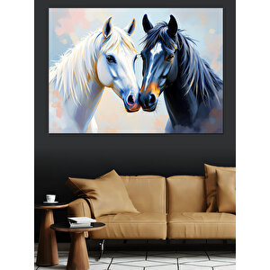 Beyaz At İkilisi Dekoratif Kanvas - Mdf Ahşap Tablo