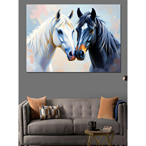 Beyaz At İkilisi Dekoratif Kanvas - Mdf Ahşap Tablo 100x140 cm