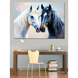 Beyaz At İkilisi Dekoratif Kanvas - Mdf Ahşap Tablo 100x140 cm