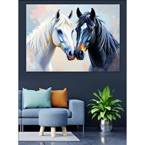 Beyaz At İkilisi Dekoratif Kanvas - Mdf Ahşap Tablo