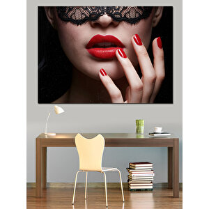Maskeli Kadın Ve Kırmızı Dudaklar Dekoratif Kanvas - Mdf Ahşap Tablo 70x100 cm