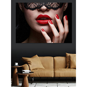 Maskeli Kadın Ve Kırmızı Dudaklar Dekoratif Kanvas - Mdf Ahşap Tablo 70x100 cm