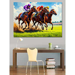 At Yarışı Heyecanı Dekoratif Kanvas - Mdf Ahşap Tablo 50x70 cm