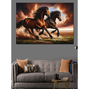 Çiftlikte Koşan Siyah Atlar Dekoratif Kanvas - Mdf Ahşap Tablo