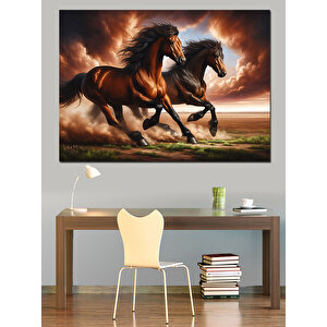 Çiftlikte Koşan Siyah Atlar Dekoratif Kanvas - Mdf Ahşap Tablo 35x50 cm
