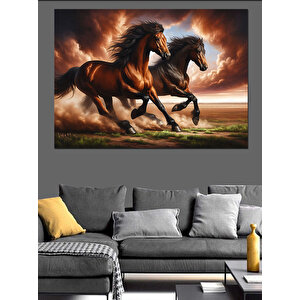 Çiftlikte Koşan Siyah Atlar Dekoratif Kanvas - Mdf Ahşap Tablo 35x50 cm