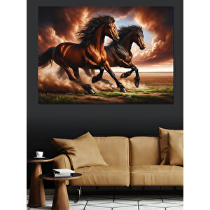 Çiftlikte Koşan Siyah Atlar Dekoratif Kanvas - Mdf Ahşap Tablo 35x50 cm