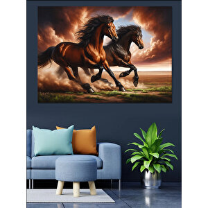 Çiftlikte Koşan Siyah Atlar Dekoratif Kanvas - Mdf Ahşap Tablo