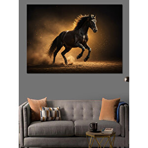 Koşan Siyah At Dekoratif Kanvas - Mdf Ahşap Tablo 70x100 cm