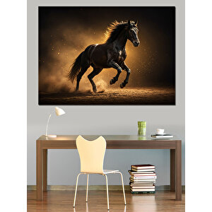 Koşan Siyah At Dekoratif Kanvas - Mdf Ahşap Tablo 70x100 cm
