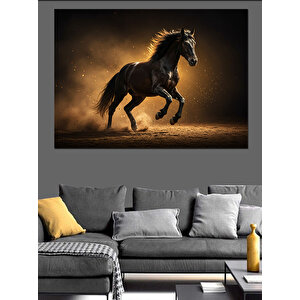 Koşan Siyah At Dekoratif Kanvas - Mdf Ahşap Tablo 70x100 cm