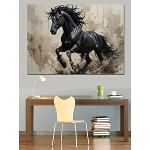 Siyah At Koşuyor Dekoratif Kanvas - Mdf Ahşap Tablo 35x50 cm