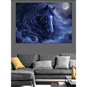 Gece Işığında Siyah At Dekoratif Kanvas - Mdf Ahşap Tablo 100x140 cm