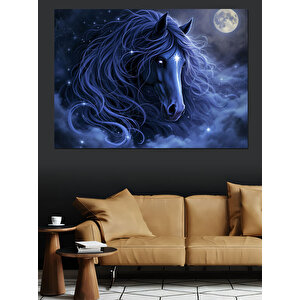 Gece Işığında Siyah At Dekoratif Kanvas - Mdf Ahşap Tablo 100x140 cm