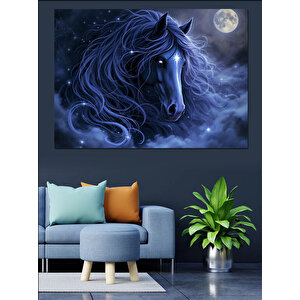 Gece Işığında Siyah At Dekoratif Kanvas - Mdf Ahşap Tablo 100x140 cm