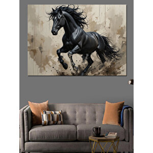 Siyah At Koşuyor Dekoratif Kanvas - Mdf Ahşap Tablo 100x140 cm