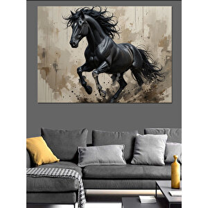 Siyah At Koşuyor Dekoratif Kanvas - Mdf Ahşap Tablo 100x140 cm