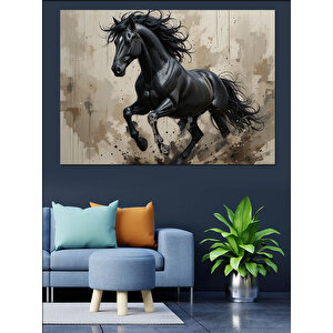 Siyah At Koşuyor Dekoratif Kanvas - Mdf Ahşap Tablo