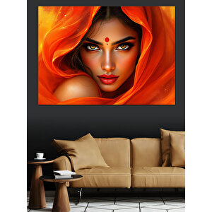 Turuncu Eşarplı Kadın Dekoratif Kanvas - Mdf Ahşap Tablo 100x140 cm