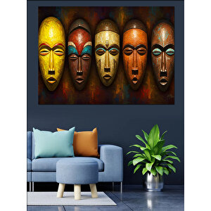 Afrika Maskeleri Renkli Dizilim Dekoratif Kanvas - Mdf Ahşap Tablo 70x100 cm