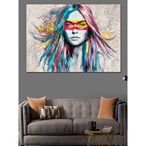 Renkli Saçlı Maskeli Kadın Dekoratif Kanvas - Mdf Ahşap Tablo 100x140 cm