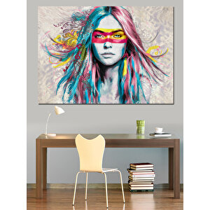 Renkli Saçlı Maskeli Kadın Dekoratif Kanvas - Mdf Ahşap Tablo 100x140 cm