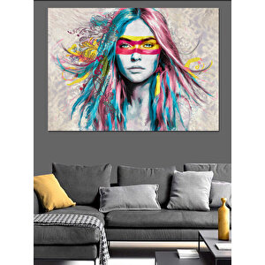 Renkli Saçlı Maskeli Kadın Dekoratif Kanvas - Mdf Ahşap Tablo 100x140 cm