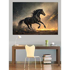 Koşan Siyah At Dekoratif Kanvas - Mdf Ahşap Tablo 70x100 cm