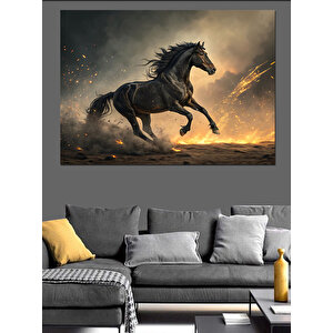 Koşan Siyah At Dekoratif Kanvas - Mdf Ahşap Tablo 70x100 cm