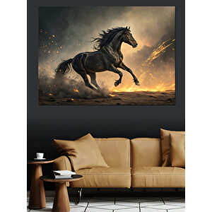 Koşan Siyah At Dekoratif Kanvas - Mdf Ahşap Tablo 70x100 cm