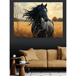Bozkırda Siyah At Dekoratif Kanvas - Mdf Ahşap Tablo