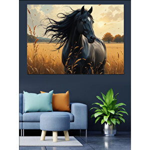 Bozkırda Siyah At Dekoratif Kanvas - Mdf Ahşap Tablo
