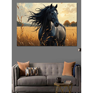 Bozkırda Siyah At Dekoratif Kanvas - Mdf Ahşap Tablo 70x100 cm