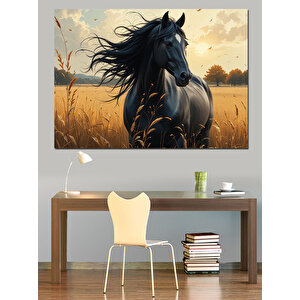 Bozkırda Siyah At Dekoratif Kanvas - Mdf Ahşap Tablo 70x100 cm