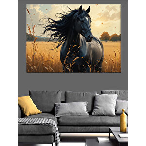 Bozkırda Siyah At Dekoratif Kanvas - Mdf Ahşap Tablo 70x100 cm