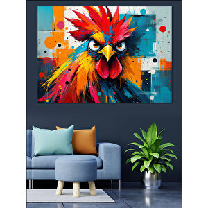 Renkli Patlamalı Horoz Portresi Dekoratif Kanvas - Mdf Ahşap Tablo 100x140 cm