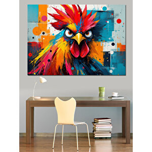 Renkli Patlamalı Horoz Portresi Dekoratif Kanvas - Mdf Ahşap Tablo 100x140 cm
