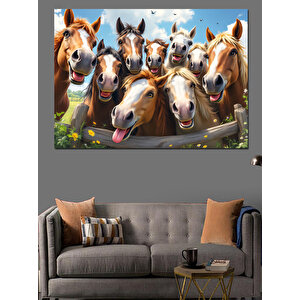 Neşeli Koşan Atlar Dekoratif Kanvas - Mdf Ahşap Tablo 70x100 cm