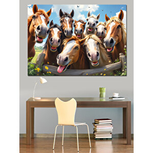 Neşeli Koşan Atlar Dekoratif Kanvas - Mdf Ahşap Tablo 70x100 cm