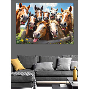 Neşeli Koşan Atlar Dekoratif Kanvas - Mdf Ahşap Tablo 70x100 cm