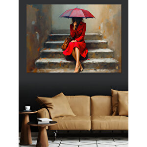 Kırmızı Elbiseli Kadın Dekoratif Kanvas - Mdf Ahşap Tablo