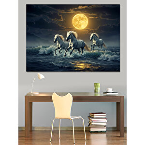 Dolunay Altında Koşan Atlar Dekoratif Kanvas - Mdf Ahşap Tablo 35x50 cm