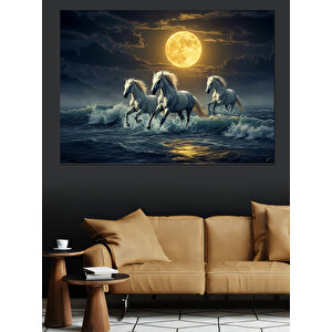 Dolunay Altında Koşan Atlar Dekoratif Kanvas - Mdf Ahşap Tablo 35x50 cm
