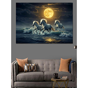 Dolunay Altında Koşan Atlar Dekoratif Kanvas - Mdf Ahşap Tablo